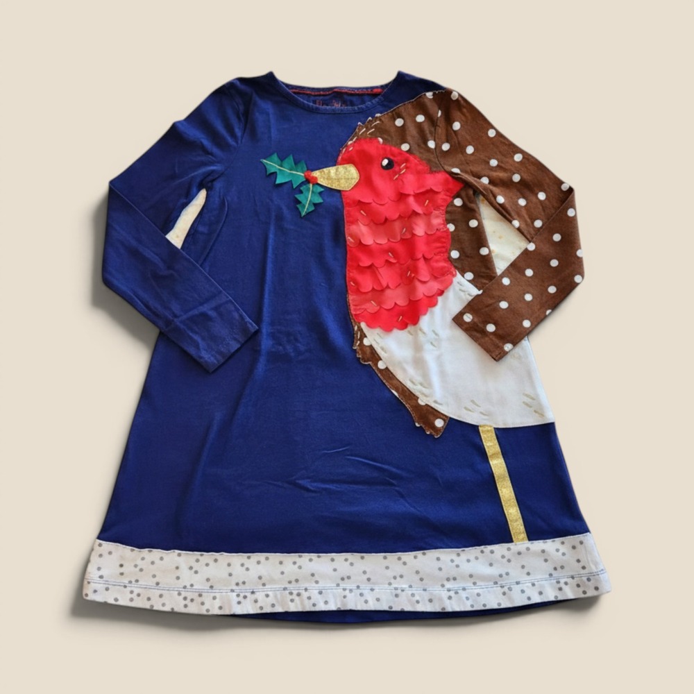 Mini Boden Girls Christmas Robin Applique Dress Navy Blue Polka Dot 11-12Y 152cm